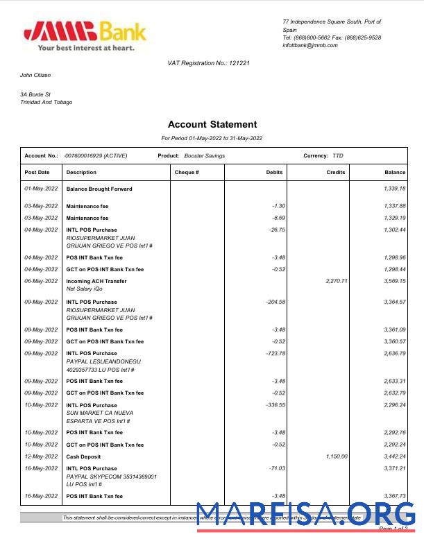 Downloadable Spain JMMB bank statement word 2 pages real example